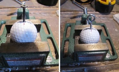 golf ball in vise with eye bolt